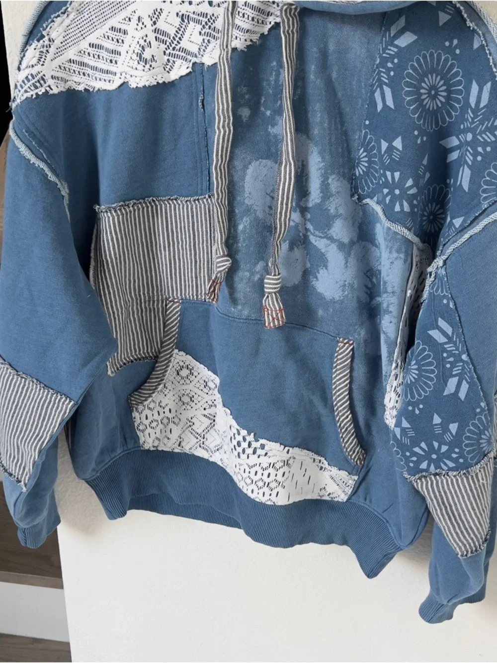 NWT Free People We The Free Tattered Romance Hoodie in Blue Indigo Combo